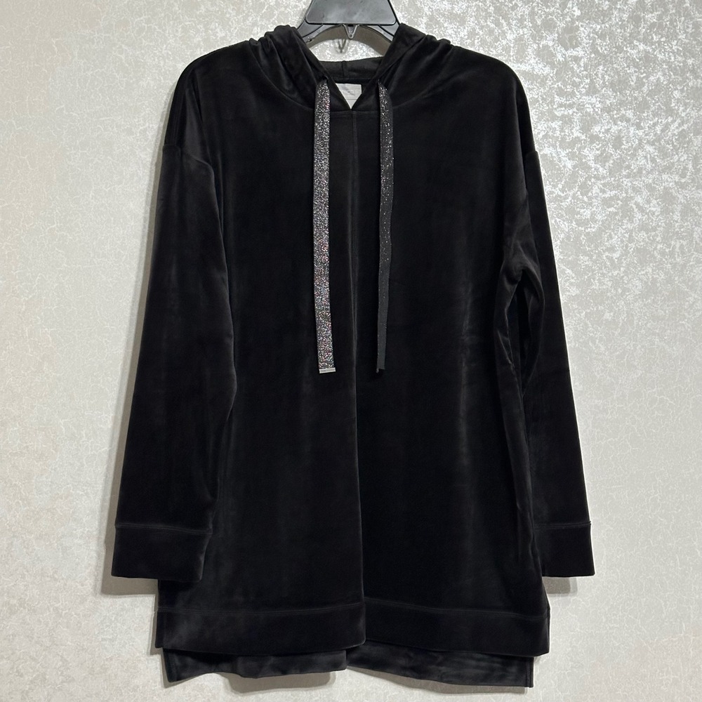 Chico's Zenergy Glitter Drawstring Velour Hoodie Tunic Top Black Athleisure 2 L